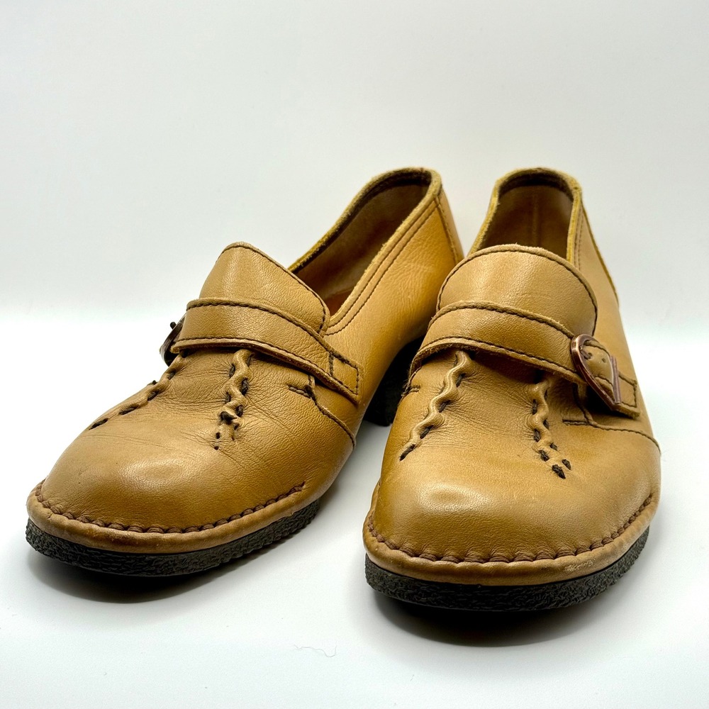 Lotus | Women's Tan Leather Buckle Stitch Detail Block Heel Loafer Shoes‎ 7.5